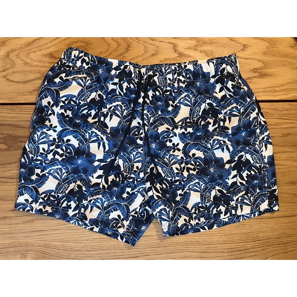 Nautica Mens XL Blue White Tropical Hibiscus Floral Swim Trunks NAOGOGCH1